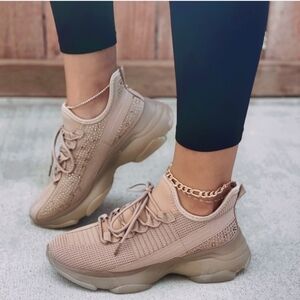 Beige glitzy rhinestone sneakers